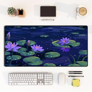Purple Anime Desk Mat Lily Green Pad Purple Aesthetic Mousepad Botanical Floral Mouse Pad