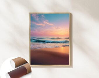 Sunset Ocean Calm Beach Waves Art Print Pastel Sky Sunset UNFRAMED Wall Art