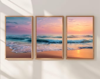 Sunrise Ocean Print Set, Calm Beach Waves Art, Pastel Coastal Decor Sunset