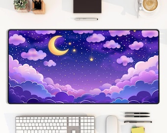 Purple Cloud Night Sky Deskmat Moon & Stars Galaxy Desk Pad, Aesthetic Pastel Desk Mat, Cute Kawaii Office Decor, Large Gaming Mouse Pad
