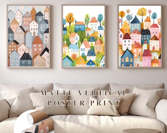 Swedish wall art, Whimsical Houses, Living Room Decor, UNFRAMED WALL ART, Colorful Houses Home Decor Prints Kids Room Decor Playroom Prints