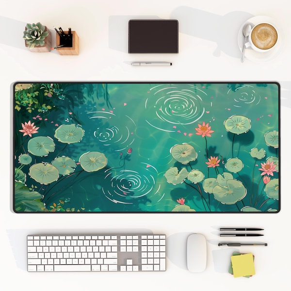 Green Lily Pad Desk Mat,  Water Lilies Mouse Pad, Botanical Desk Mat, Tranquil Desk Mat,  Aesthetic Desk mat, Cute Desk mat, Anime Desk mat