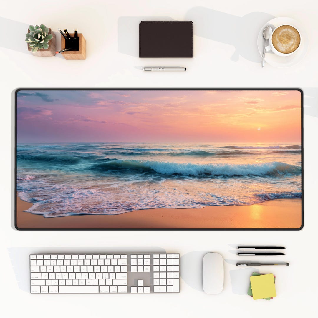 Calm Ocean Sunrise Desk Mat | Beach Waves Mouse Pad | Pink Pastel Beach ...