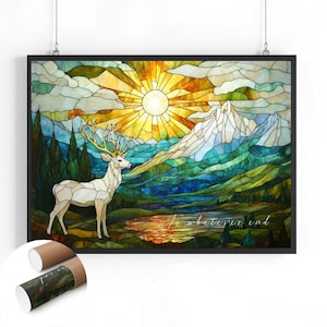 May include: A stained glass style illustration of a white deer standing in a field with a mountain range in the background. The sun is shining brightly in the sky and there is a small lake in the foreground. The text "To whatever end" is written in the bottom right corner of the image.