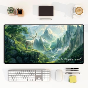 Könnte beinhalten: Ein weißes Reh steht auf einer Klippe und blickt auf eine grüne und blaue Landschaft mit Bergen im Hintergrund. Der Text "To whatever end" ist in Weiß in der unteren rechten Ecke des Bildes geschrieben.