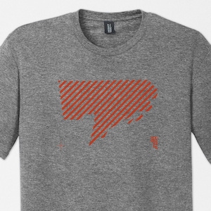 May include: A heather gray t-shirt with a red and white striped graphic of a state outline.
