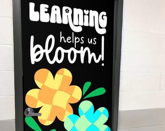 Spring Classroom Door or Bulletin Board Kit with Checkerboard Flowers | Printable Kit to Cut, & Hang | Learning Helps Us Bloom