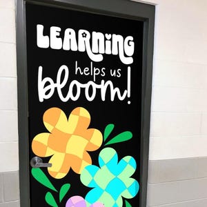 Spring Classroom Door or Bulletin Board Kit with Checkerboard Flowers | Printable Kit to Cut, & Hang | Learning Helps Us Bloom