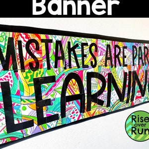 Könnte beinhalten: Ein farbenfrohes Klassenzimmerbanner mit dem Text "Mistakes are part of learning!" in schwarzen Buchstaben auf weißem Hintergrund mit einem bunten abstrakten Design. Das Banner ist schwarz gerahmt und hat einen grünen Kreis mit dem Text "Rise over Run" in weißen Buchstaben.