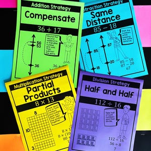 Könnte beinhalten: Vier Lernposter mit mathematischen Strategien. Das grüne Poster zeigt Addition Strategy Compensate 36 + 17. Das blaue Poster zeigt Subtraction Strategy Same Distance 85 - 18. Das gelbe Poster zeigt Multiplication Strategy Partial Products 8 x 13. Das violette Poster zeigt Division Strategy Half and Half 112 ÷ 16.