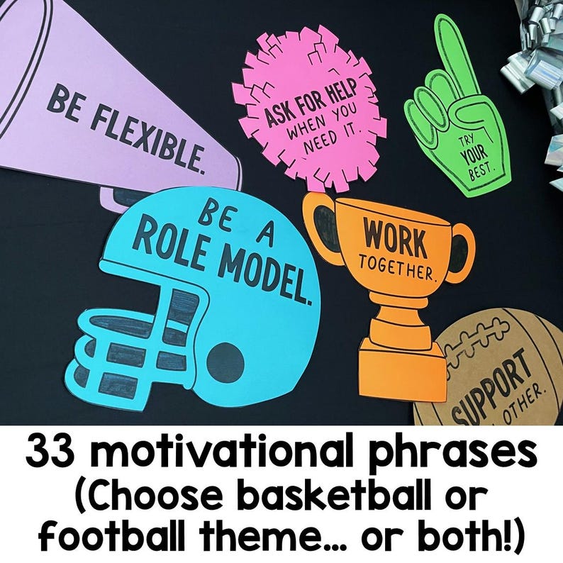 May include: A collection of colorful paper cutouts featuring sports-themed shapes including a light purple megaphone with BE FLEXIBLE, a pink pom-pom with ASK FOR HELP WHEN YOU NEED IT, a green foam finger with TRY YOUR BEST, a blue football helmet with BE A ROLE MODEL, an orange trophy with WORK TOGETHER, and a brown football with SUPPORT EACH OTHER.