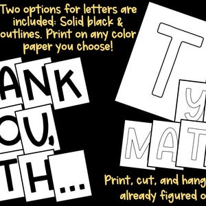 K&ouml;nnte beinhalten: Schwarz-wei&szlig;e, druckbare Buchstaben, die "Thank You, Math..." und "Thank You, Math..." buchstabieren, mit Voll- und Umrissoptionen. Der Text "Zwei Optionen f&uuml;r Buchstaben sind enthalten: Vollschwarz & Umrisse. Drucken Sie auf beliebigem farbigen Papier!" ist ebenfalls sichtbar.