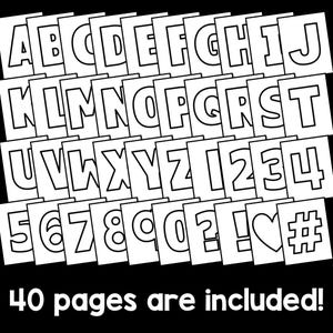 Peut inclure: Un ensemble de 40 pages imprimables pr&eacute;sentant des contours en noir et blanc des lettres majuscules A &agrave; Z, des chiffres 0 &agrave; 9, un point d'interrogation, un point d'exclamation, un c&oelig;ur et un symbole di&egrave;se, avec le texte 40 pages are included!
