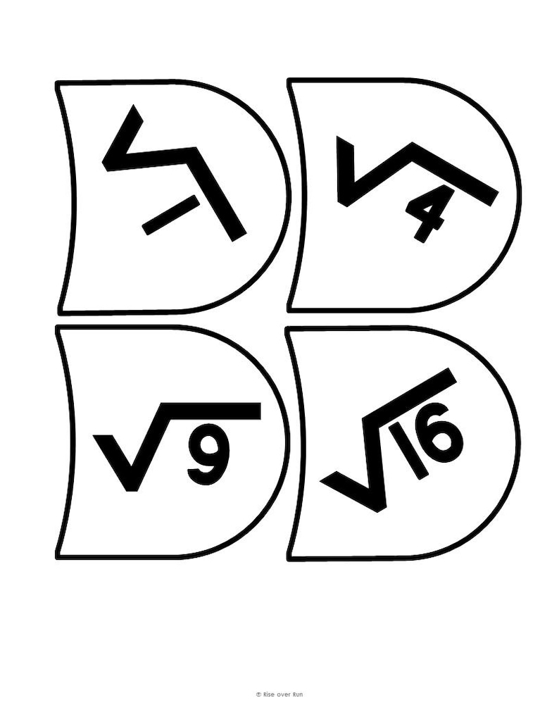 Może przedstawiać: Biała grafika z czterema r&oacute;żnymi kształtami ułożonymi w siatkę, z kt&oacute;rych każdy zawiera czarne symbole matematyczne. W lewym g&oacute;rnym rogu znak pierwiastka, w prawym g&oacute;rnym pierwiastek z 4, w lewym dolnym pierwiastek z 9, a w prawym dolnym pierwiastek z 16.