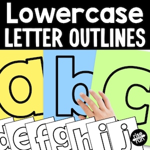 May include: Educational materials featuring lowercase letter outlines. The image displays colorful cards with the letters 'a', 'b', and 'c' in black outlines against yellow, blue, and green backgrounds. Additional letter outlines are visible below.