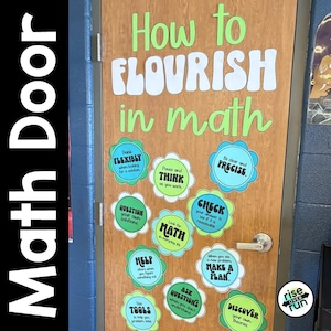 Op de afbeelding: Een houten deur met de woorden "How to FLOURISH in math" in groene en witte letters. De deur is versierd met bloemvormige uitsparingen met wiskundetips zoals "Think Flexibly" en "Be clear and PRECISE."