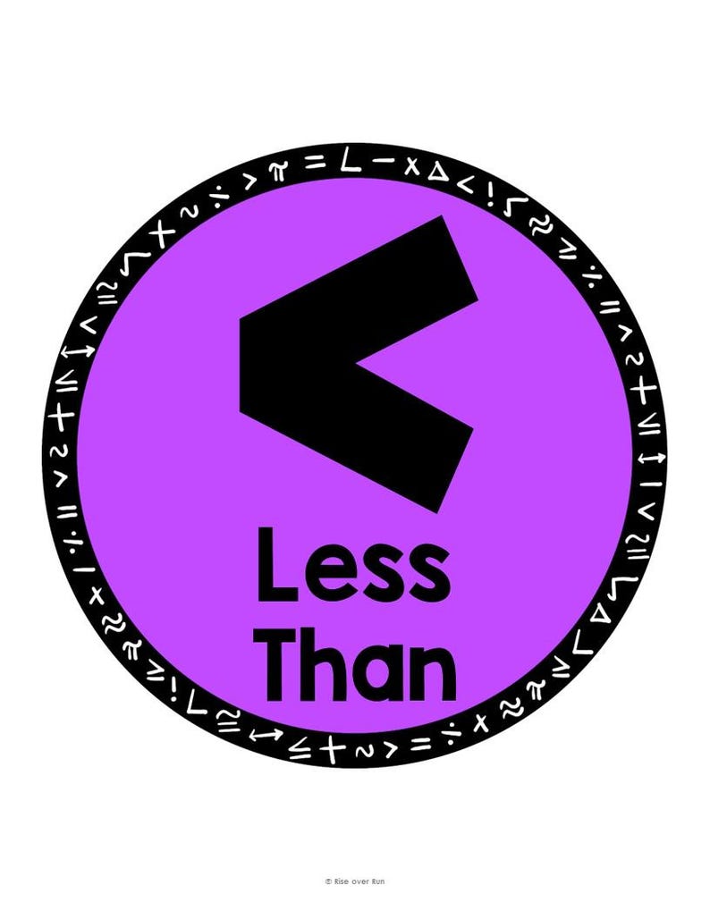 May include: A circular graphic with a purple center and a black "less than" symbol. The words "Less Than" are below the symbol in black. The outer ring has mathematical symbols and equations in black on a white background.