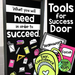 May include: A black door with a white sign that reads "What you will need in order to succeed." The door is decorated with colourful paper cutouts of tools for success, such as teamwork, focus, integrity, patience, perseverance, effort, growth mindset, enthusiasm, study skills, goals, and motivation. The door also has a green backpack with the words "Self-confidence" written on it. The door is surrounded by a white frame.