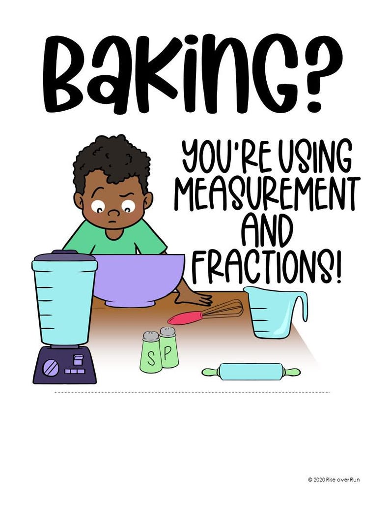 K&ouml;nnte beinhalten: Eine Cartoon-Illustration mit einer Person, die in eine lila Sch&uuml;ssel schaut, sowie einem Mixer, Messbecher, Schneebesen, Nudelholz und Salz- und Pfefferstreuern. Der Text lautet: BAKING? YOU'RE USING MEASUREMENT AND FRACTIONS! &copy; 2020 Rise over Run.