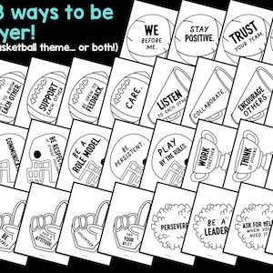 May include: A collection of thirty-eight black and white printable cards featuring sports-themed illustrations like footballs, basketballs, megaphones, and trophies. Each card displays a unique phrase about being a team player, such as We Before Me, Stay Positive, Trust Your Team, Share Your Ideas, Be Dependable, Lift Up Others, Follow Through, Get To Know Each Other, Support Each Other, Be Open To Feedback, Care, Listen To Each Other, Collaborate, Encourage Others, Be Flexible, Be Coachable, Don't Seek Recognition, Celebrate Others, Communicate, Be Respectful, Be A Role Model, Be Persistent, Play By The Rules, Work Together, Think Of Others, Stay Consistent, Learn From Mistakes, Be Fair, Lend A Helping Hand, Be Reliable, Keep A Positive Attitude, Volunteer, Try Your Best, Persevere, Be A Leader, Ask For Help, Compromise, and Show Up.