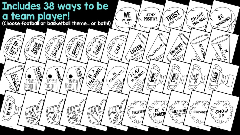 May include: A collection of thirty-eight black and white printable cards featuring sports-themed illustrations like footballs, basketballs, megaphones, and trophies. Each card displays a unique phrase about being a team player, such as We Before Me, Stay Positive, Trust Your Team, Share Your Ideas, Be Dependable, Lift Up Others, Follow Through, Get To Know Each Other, Support Each Other, Be Open To Feedback, Care, Listen To Each Other, Collaborate, Encourage Others, Be Flexible, Be Coachable, Don't Seek Recognition, Celebrate Others, Communicate, Be Respectful, Be A Role Model, Be Persistent, Play By The Rules, Work Together, Think Of Others, Stay Consistent, Learn From Mistakes, Be Fair, Lend A Helping Hand, Be Reliable, Keep A Positive Attitude, Volunteer, Try Your Best, Persevere, Be A Leader, Ask For Help, Compromise, and Show Up.