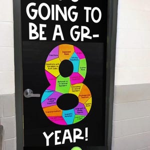 May include: A black door with a white sign that says "IT'S GOING TO BE A GR-8 YEAR!"  The sign is decorated with a colorful wheel with different math concepts written on each section.  There are also colorful geometric shapes and graphs on the door.