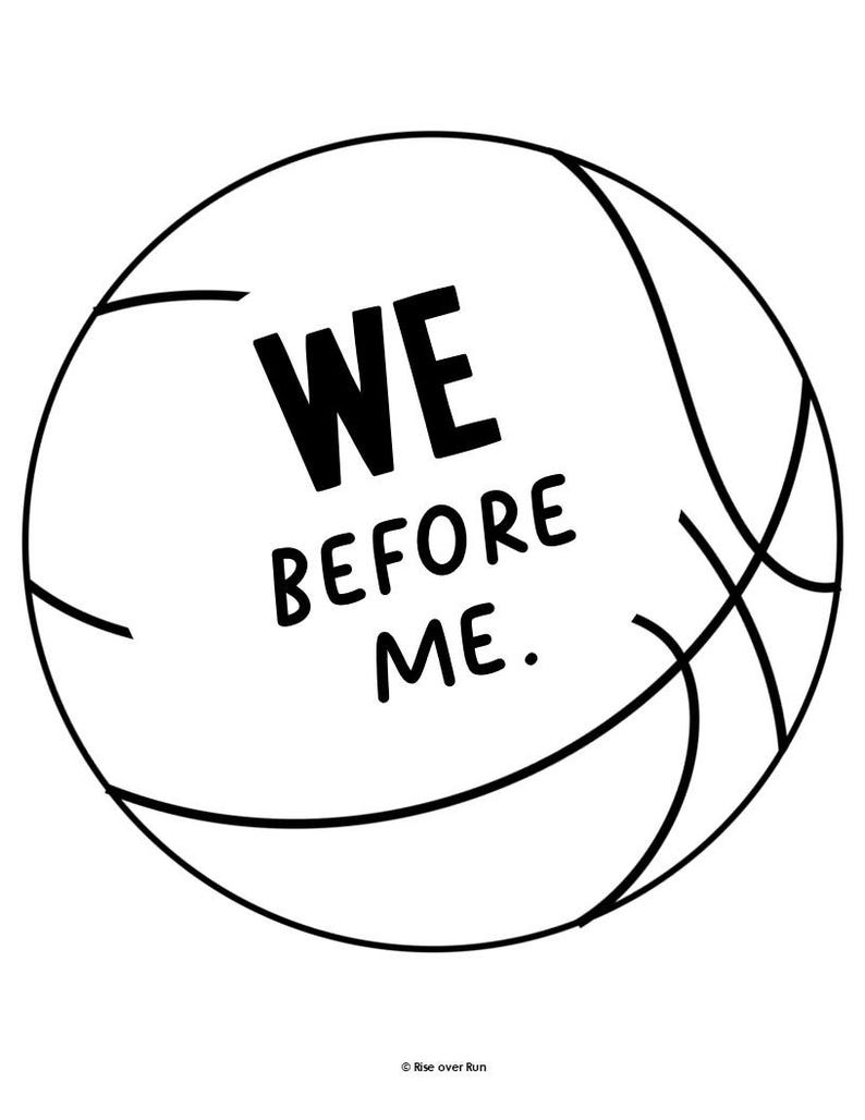 May include: A black and white line drawing of a basketball featuring the text WE BEFORE ME. centered in the middle. The design uses bold black outlines to define the spherical shape and the classic curved seams of a basketball on a white background.