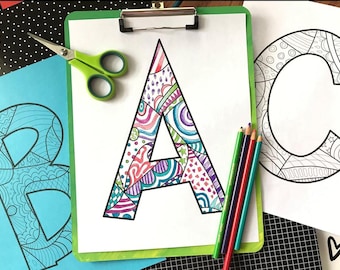 Printable Doodle Coloring Pages with Alphabet Letters and Numbers for Classroom Bulletin Boards