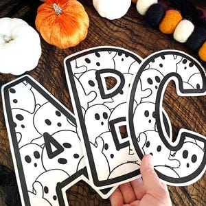 Halloween Ghosts Printable Bulletin Board Alphabet Letters, Numbers in Black & White for Party Decorations