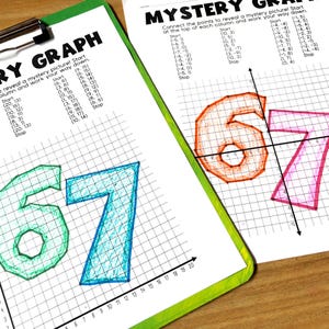May include: Two worksheets with graph paper and the words "MYSTERY GRAPH" and instructions. One sheet has a green number 6 and a blue number 7 drawn on it. The other sheet has an orange 6 and a pink 7.