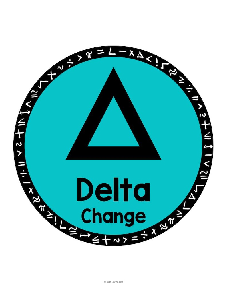 May include: A round teal graphic with a black triangle and the words "Delta Change." The graphic is encircled by a black border with symbols. The design is on a white background.
