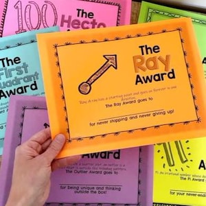 Pode incluir: Um conjunto de certificados de prémio imprimíveis coloridos com texto preto e ilustrações. Os certificados são intitulados "The First Quadrant Award", "The Hecto Award", "The Ray Award", "The Outlier Award" e "The Pi Award".