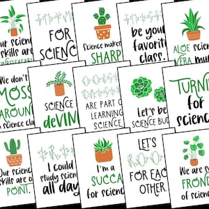 May include: A collection of white cards with green text and illustrations related to science and plants. Each card features a different pun or phrase, such as "Science makes SHARP" and "We are so FROND of science."