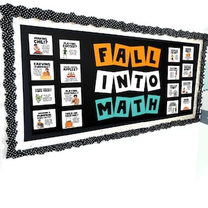 May include: A rectangular bulletin board display with a black background and a black and white polka dot border. The center features the text FALL INTO MATH in large orange, white, and teal letters. Surrounding the text are small square cards.