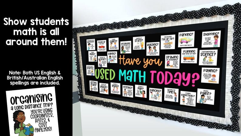 K&ouml;nnte beinhalten: Eine Klassenzimmer-Pinnwand mit dem Text Have you USED MATH TODAY?, umgeben von verschiedenen Karten mit Illustrationen und Fragen zu t&auml;glichen Aktivit&auml;ten, eingerahmt von einer schwarz-wei&szlig;en Punktebord&uuml;re auf einem Hintergrund in Holzoptik.