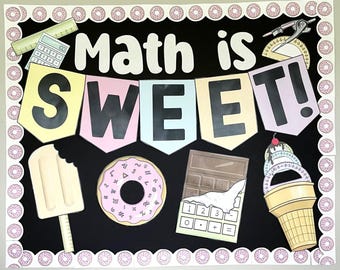 Kit de tablero de anuncios de matemáticas, "Las matemáticas son dulces", piezas fáciles de imprimir y cortar, y letras para decoraciones de aula en tonos pastel.