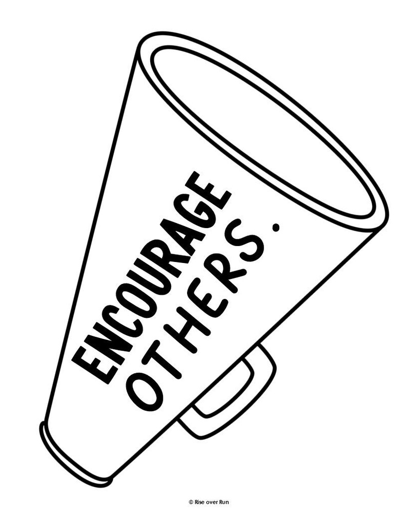 May include: A black and white line art illustration of a megaphone featuring the text "ENCOURAGE OTHERS." printed in bold capital letters along the side. The megaphone has a handle and a wide opening, presented as a simple graphic design.