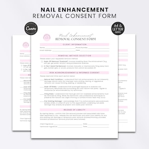 Puede incluir: Un formulario de consentimiento para la retirada de uñas en papel blanco con texto negro y detalles horizontales en rosa claro. El documento incluye secciones para información del cliente, método de retirada y exención de responsabilidad.