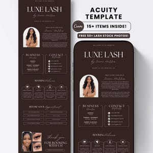 Op de afbeelding: Een donkerbruine digitale sjabloon voor een wimperbedrijf met de tekst Luxe Lash, openingstijden, contactgegevens en boekingsbeleid. De lay-out bevat een ronde foto van een persoon, iconen en secties voor informatie over afspraken.