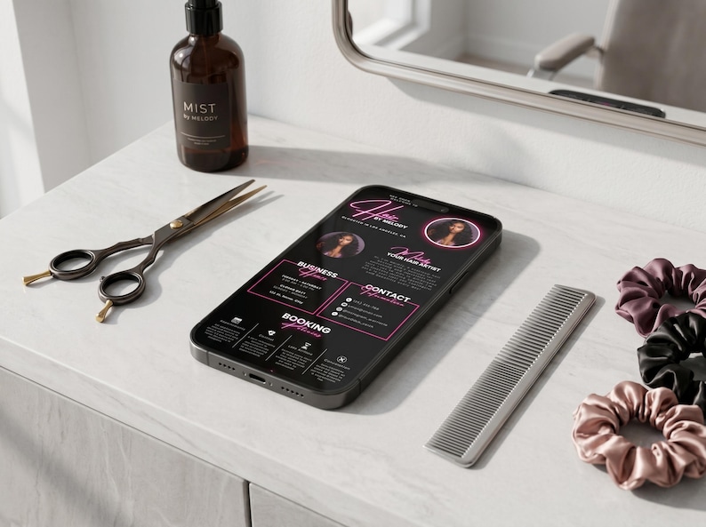 May include: A smartphone displaying a hair stylist's business information, with a black and pink interface. The phone is on a white surface, next to scissors, a comb, a bottle of product, and scrunchies. The phone screen reads "Hair by Melody".