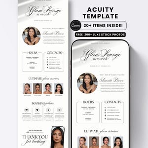 Make Up Acuity Scheduling GlamBooking Website Template Light Luxus Square Banner mit kostenlosen Instagram Posts Flyern Weiß Schwarz Branding Kit