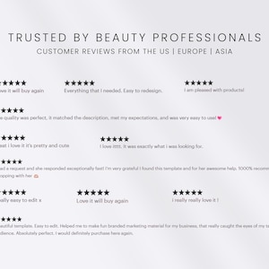 May include: A graphic display titled TRUSTED BY BEAUTY PROFESSIONALS and CUSTOMER REVIEWS FROM THE US | EUROPE | ASIA. It features ten five-star reviews with text testimonials praising the quality, ease of use, and customer service of a template.