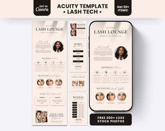 May include: A digital marketing template for lash technicians featuring a beige color scheme with black text. The layout includes sections for Lash Lounge branding, booking policies, signature lash styles, and client testimonials, displayed on a smartphone screen and vertical panels.