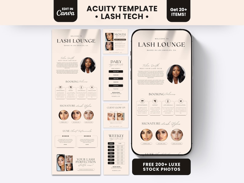 May include: A digital marketing template for lash technicians featuring a beige color scheme with black text. The layout includes sections for Lash Lounge branding, booking policies, signature lash styles, and client testimonials, displayed on a smartphone screen and vertical panels.