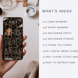 Puede incluir: Un tel&eacute;fono inteligente muestra una plantilla digital para negocio de u&ntilde;as con fondo de estampado de leopardo, con el texto WHAT'S INSIDE seguido de una lista de 2 banners largos, 8 banners cortos, 6 publicaciones de Instagram, 2 historias de Instagram, 2 tarjetas de agradecimiento, 20+ iconos de redes sociales, 200+ im&aacute;genes de stock de lujo e instrucciones.