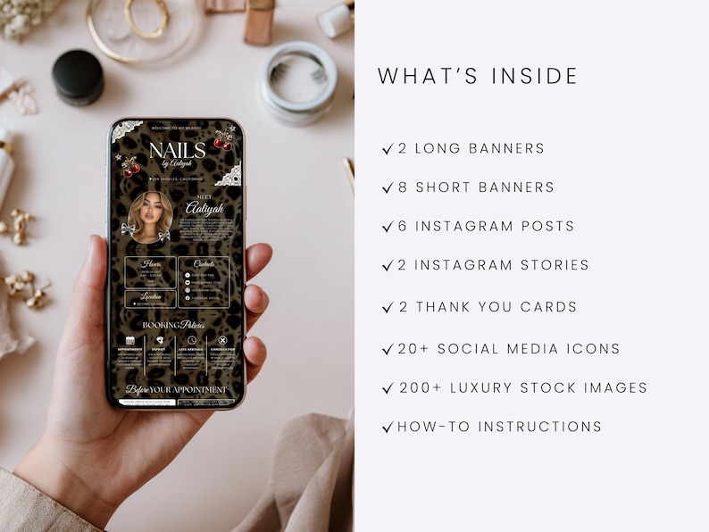 Puede incluir: Un tel&eacute;fono inteligente muestra una plantilla digital para negocio de u&ntilde;as con fondo de estampado de leopardo, con el texto WHAT'S INSIDE seguido de una lista de 2 banners largos, 8 banners cortos, 6 publicaciones de Instagram, 2 historias de Instagram, 2 tarjetas de agradecimiento, 20+ iconos de redes sociales, 200+ im&aacute;genes de stock de lujo e instrucciones.