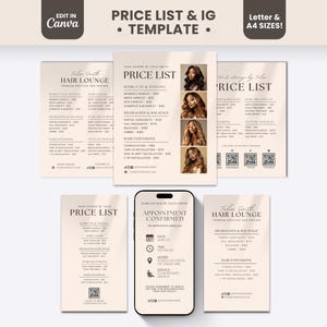 Modèle de liste de prix pour coiffeur, crème de luxe, menu de services de salon imprimable, beige, Canva, guide des prix modifiable, publication Instagram pour tresseuses de perruques