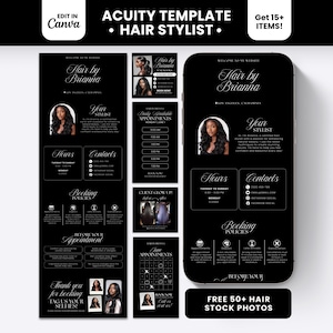 May include: A black digital template for hair stylists featuring white text and layout elements. The design includes sections for booking policies, contact information, business hours, and appointment scheduling, displayed on a smartphone screen.