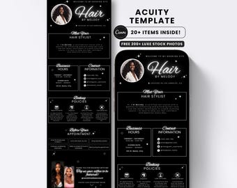 May include: A black and white digital template for a hair stylist's booking site, featuring the text "Hair by Melody" and "Acuity Template." The design includes sections for business hours, contact information, and booking policies, with a photo of a woman.