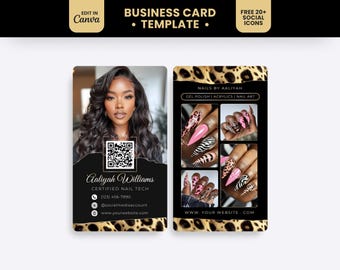 Puede incluir: Una plantilla de tarjeta de visita de doble cara con un diseño negro y estampado de leopardo. El frente muestra un retrato, un código QR, el nombre Aaliyah Williams e iconos de contacto. El reverso presenta tres collages de uñas.